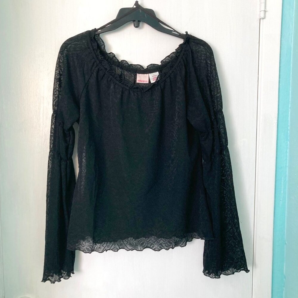 Xhiliaration L Black Sheer Smocked Sleeve Stretch Top